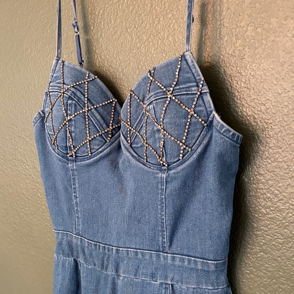 Denim rhinestone Spaghetti Strap Western Jumpsuit with Beaded Detail 😍 - Picture 7 of 11